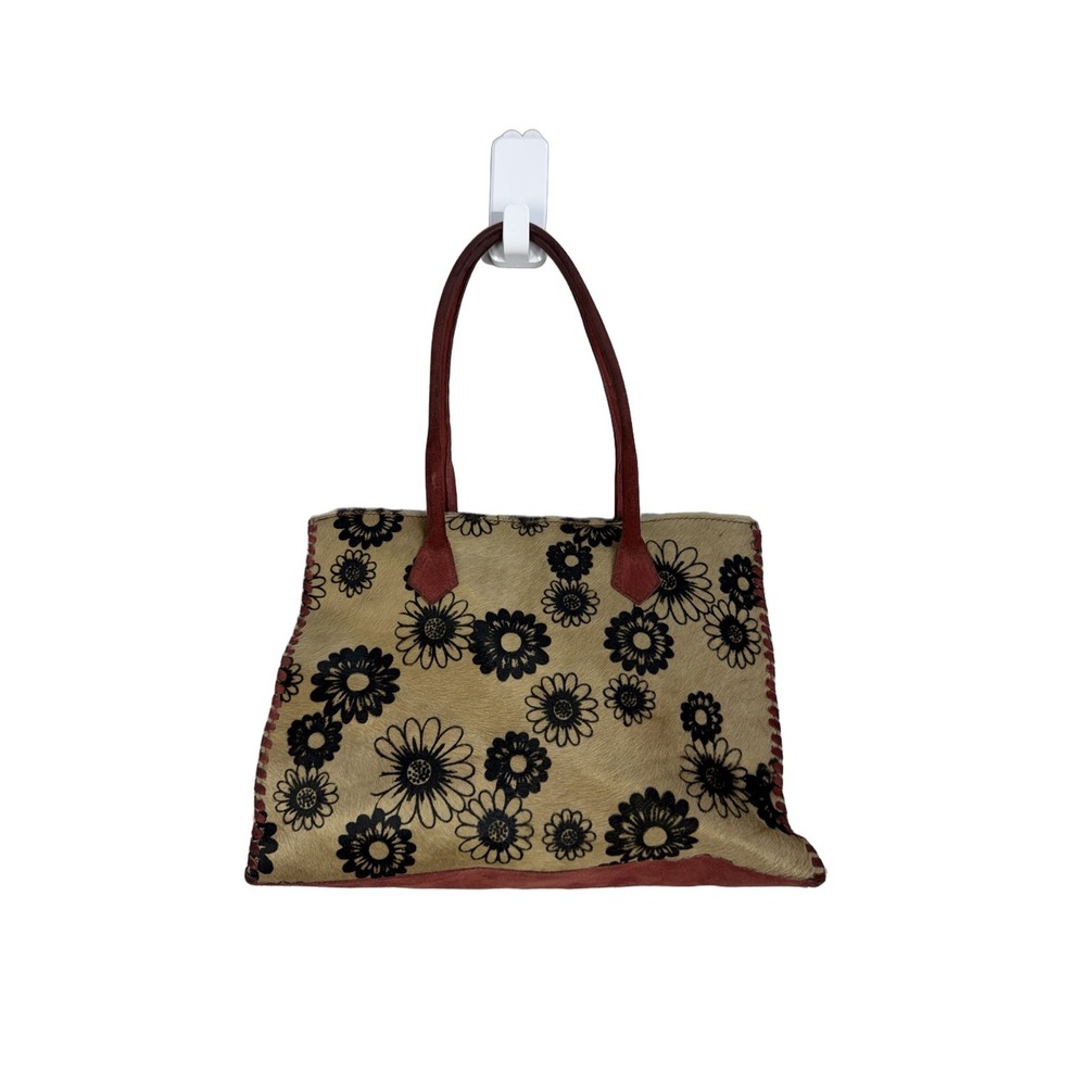 CEONI PIERO Leather Pony Hair Floral Tote Handbag Tan Red Medium 14x12x4